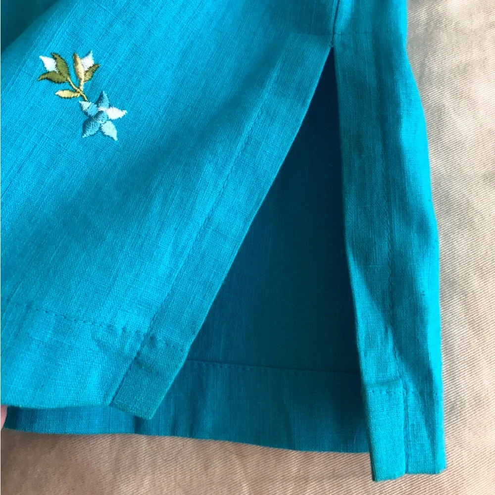 E Street Linen/Cotton Blend Button Front Embroidered Top Turquoise Size Large - Picture 5 of 10